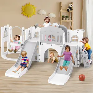 10 in 1 Toddler Slide Double Kid Climber Playset w Swing Basketball Hoop Telescope Tunnel Storage Space Non Slip Steps Indoor Outdoor Backyard Playground Toy for Toddlers
