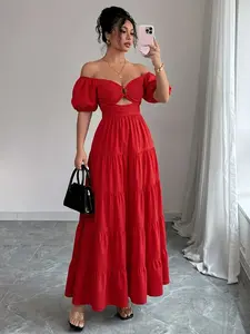 Red Off-Shoulder Puff Sleeve Tiered Maxi Dress - 2026 Trending Chic French Romantic, Soft Fabric for Vacation & Date
