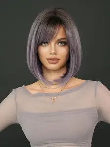 12 Inch Ombre Short Grey Purple Wigs for Women, Gorgeous Fluffy Wigs with Side-swept Bangs, Synthetic Heat Resistant Wigs for Party Photography, Daily Use, Synthetic Fiber Wig