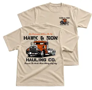 Hawk And Son Hauling Co Semi Truck T-Shirt Trucking Company Graphic Tee With Orange Big Rig Back Print Front Chest Hauling Logo Shirt Authentic Trucker Style Top Casual Unisex Apparel for Freight Drivers