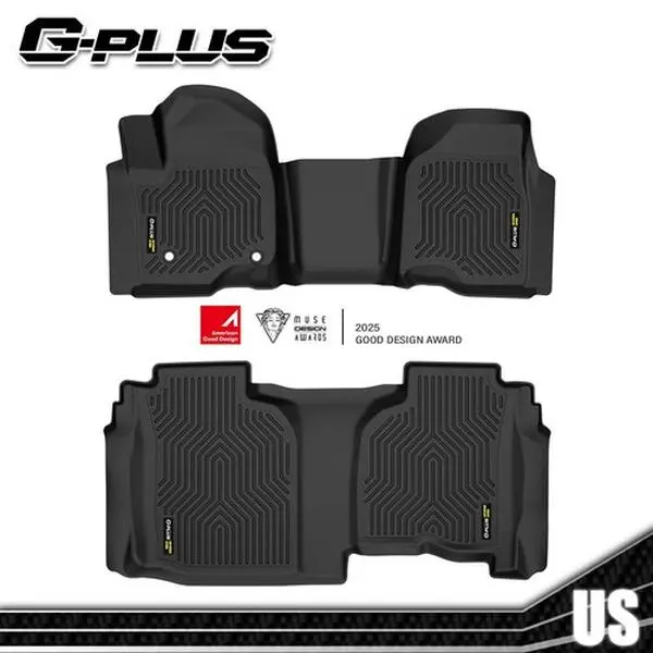 G-PLUS Synthetic Custom Fit Truck Floor Mats for 2019-2025 Silverado/Sierra 1500 Double Cab, Plain 2-Row Full Cover Black Liners with Lock-In Buckles, All-Weather Waterproof Anti-Slip TPE Oil Resistant Car Interior Accessories
