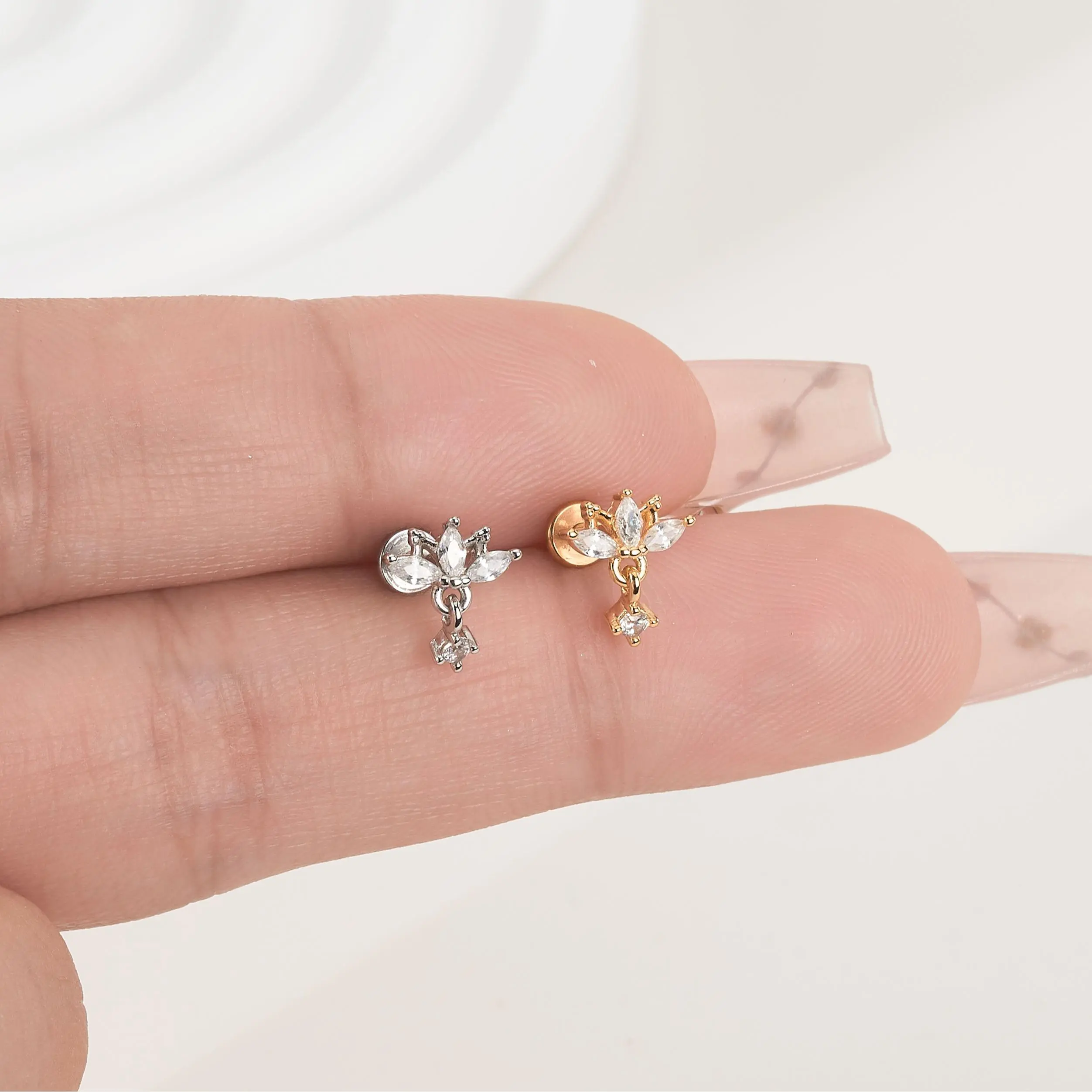 OUFER 16G Helix Ear Studs for Women, Elegant Dangle Flower Cartilage Jewelry with a Secure Internally Threaded Fit for Everyday Wear