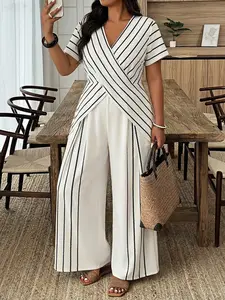 Plus Size Women's V Neck Striped Short Sleeve Wide Leg Pants Jumpsuit Overalls, Hidden Zipper Hem Split Design, Elegant Fashion Style, Womenswear