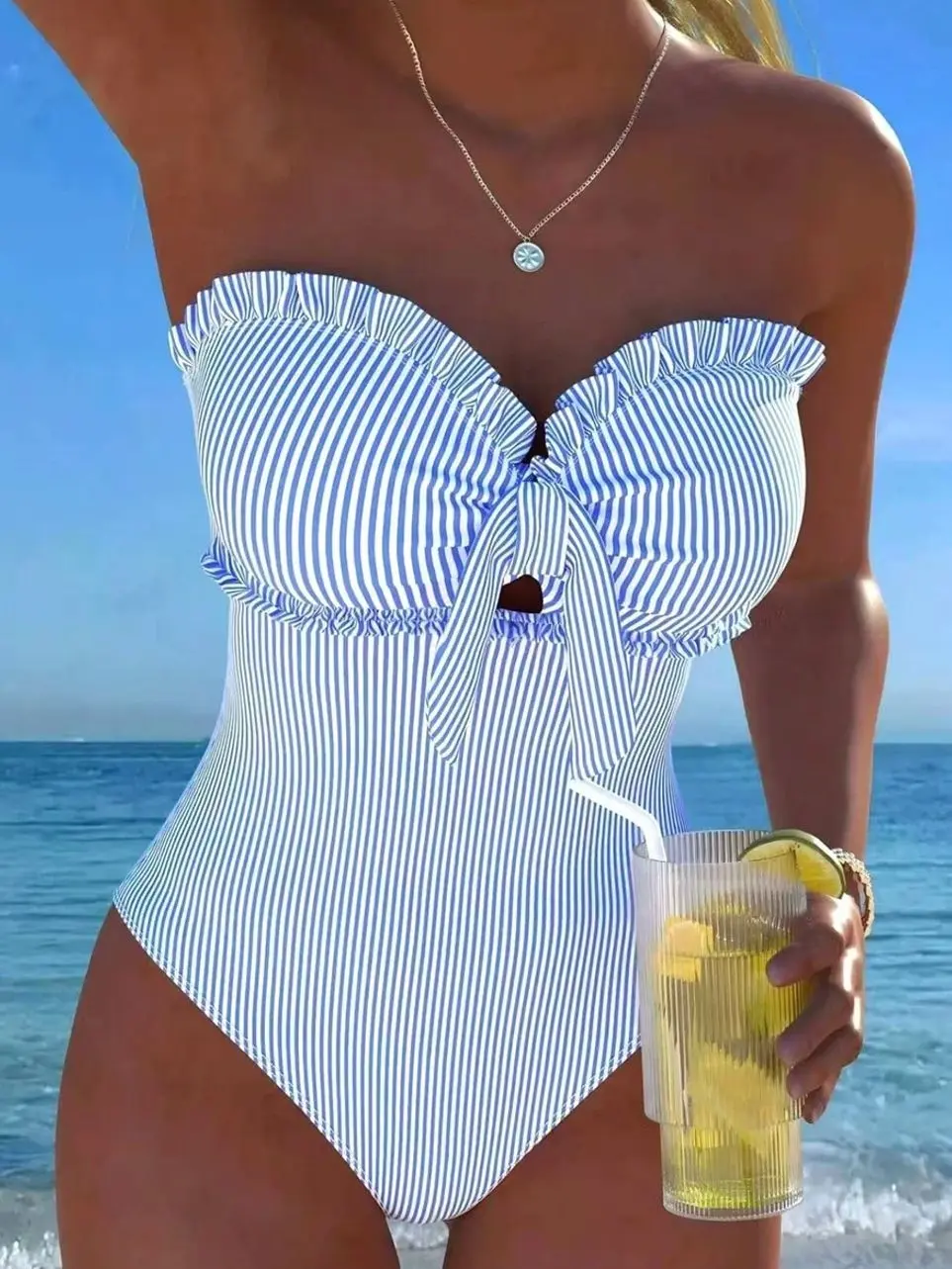 Women's Nautical Striped Ruffle Bust Tie-Front One-Piece Swimsuit | Convertible Strapless Bandeau Monokini in Multiple Colors | Summer Beach Bathing Suit