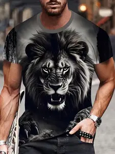 Cool Lion Pattern Men's Fitted Short Sleeve Long T-Shirt, Menswear Fashion Trendy Aesthetic Graphic Top, Casual Streetwear Style Essential, All Seasons Wear