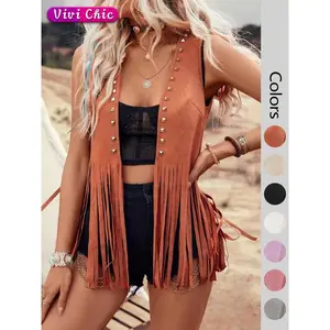 Women's Solid Color Studded Decor Fringe Trim Jacket, Casual Fashion Open Front Sleeveless Outerwear for Daily Outdoor Wear, Ladies Clothes for Summer