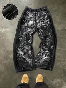 Men's Casual Cotton Sweatpants, Skull Devil Print, Street Style, Drawstring Waist, Ankle Length, Fitted, All Seasons, Perfect for Outdoor & Holidays