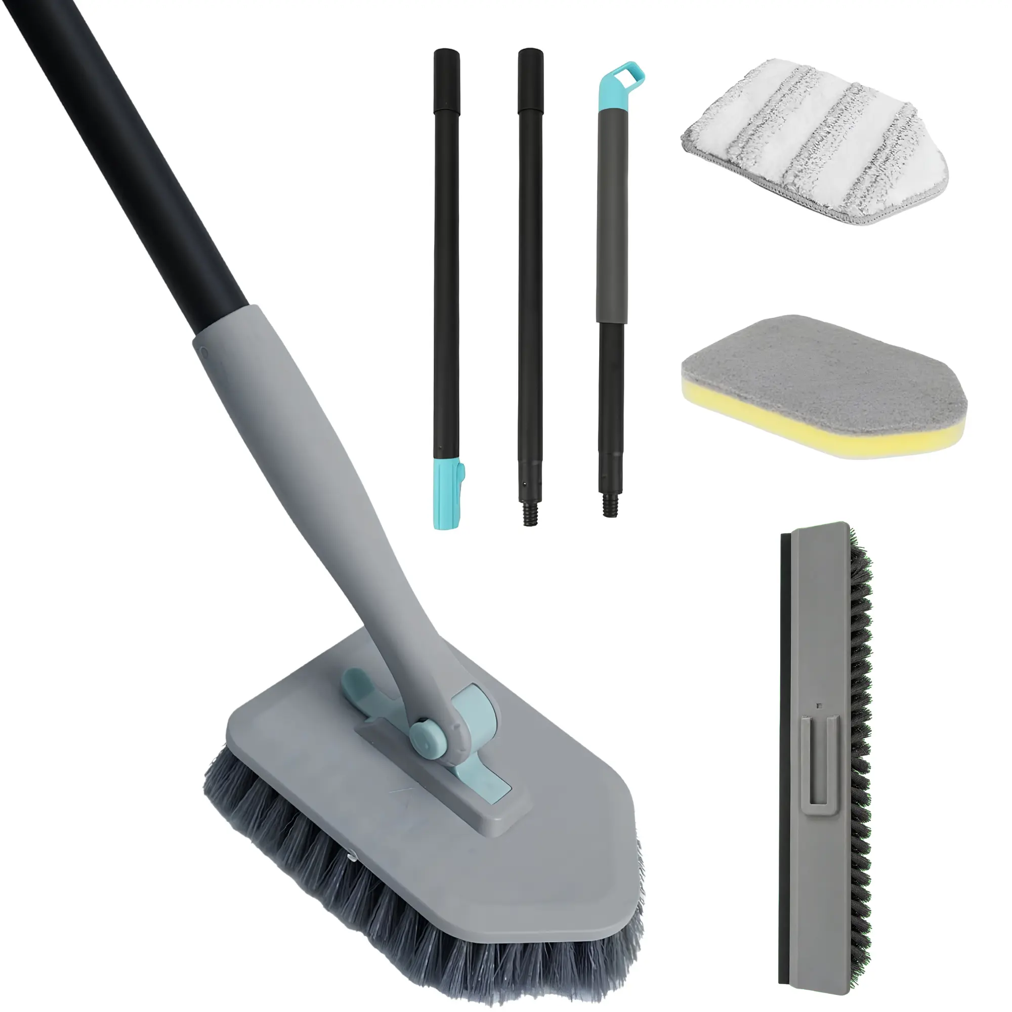 56-Inch Long Handle Plastic 4-in-1 Multi-Head Shower Scrubber Brush Set, Bathroom Home Supplies with Adjustable Toilet Pad for Bathtub, Tile/Grout, Wall Mounted Door, Mirror, Glass, Reaches High and Low Areas