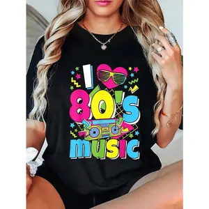 100% Cotton I Love 80s Music 80's Costume Eighties Theme Outfit 1980s T-Shirt Short Sleeve T-Shirt Women's Men's Graphic Tee Causal Tops