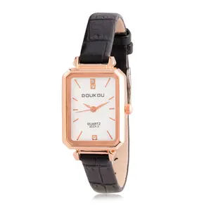 DOUKOU Luxury Women's Watch Leather Strap with Rose Gold-Tone Hands Quartz Square Watch Versatile Ladies Dress Watch