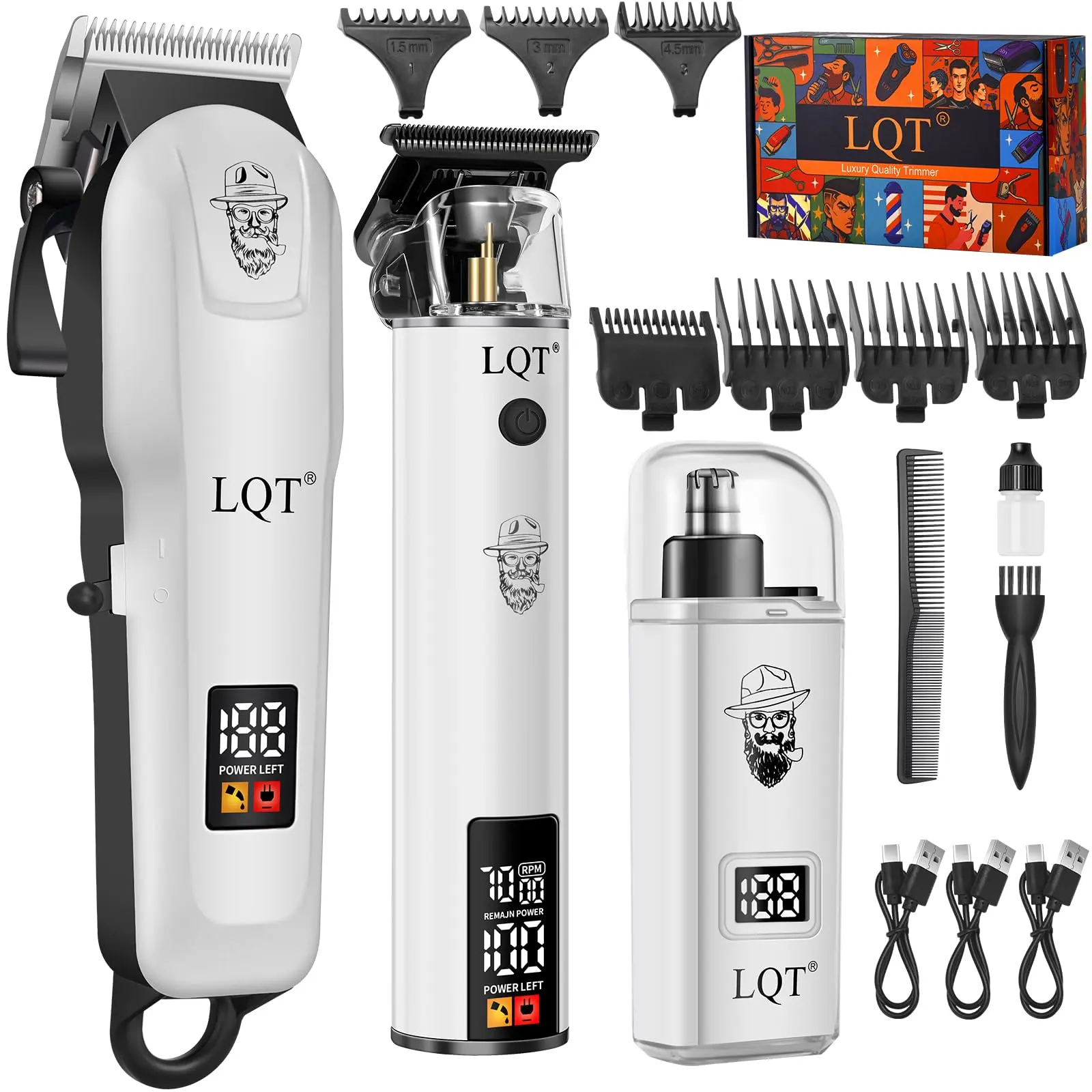 LQT Men's White Electric Hair Clipper Set (2Pcs/3Pcs) - Professional Salon & Home Hairdressing Tools, Portable Trimmer, Personal Grooming Supplies, practical gift