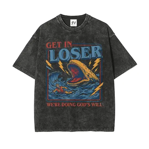 Men's Oversized Washed Round Neck Fabric T-Shirt - Garment-Dyed Minimalist Christian Menswear, Jonah and the Whale Graphic, "Get In Loser We're Doing God’s Will Verse", Breathable Long Sleeves, Grey Faith Humor Religious Gift (Pairs with Cargo Sweatpants)