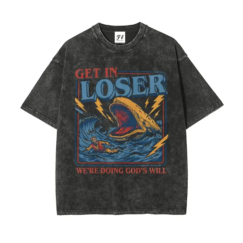 Men's Oversized Washed Round Neck Fabric T-Shirt - Garment-Dyed Minimalist Christian Menswear, Jonah and the Whale Graphic, "Get In Loser We're Doing God’s Will Verse", Breathable Long Sleeves, Grey Faith Humor Religious Gift (Pairs with Cargo Sweatpants)