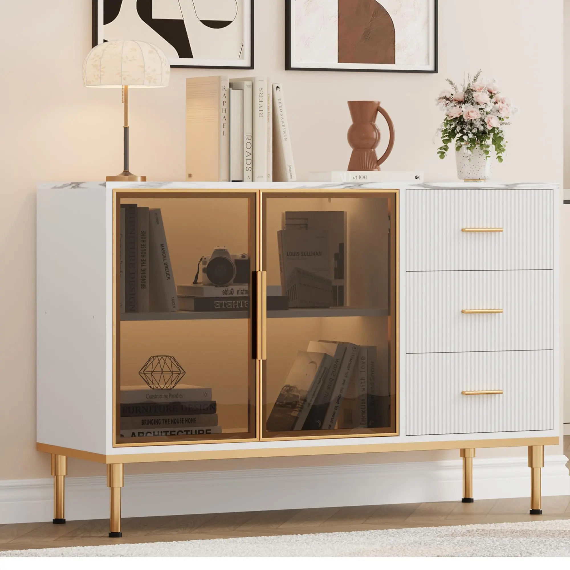 Garvee Durable Hutch Cabinet - 46.5"w x15.7"d x30.7"h, Faux Marble Top, 2 Glass Doors, 3 Drawers, Shelves, Tea-Tinted, Gold Accents, Indoor Use, Wipe with Damp Cloth, Easy Maintenance, White/Black for Dining/Living Room