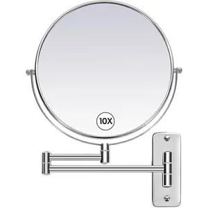 Large Size 9-in Wall Mounted Magnifying Makeup Mirror 1X/10X Magnification,Extendable Bathroom Mirrors Wall Mount Vanity Mirror for Shaving,12-in Folding Arm,Flexible Adjustable,Space-Saving,No Light