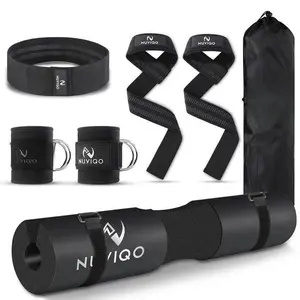 9 Pcs Gym Accessories Set Featuring Barbell Pad with 2 Safety Straps - 2 Ankle Straps for Cable Machine - 2 Weight Lifting Straps - Hip Resistance Band - Carry Bag for Hip Thrust Pad HahZen SPORT