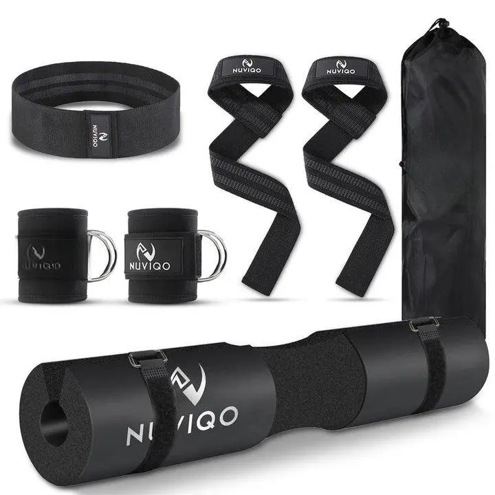 9 Pcs Gym Accessories Set Featuring Barbell Pad with 2 Safety Straps - 2 Ankle Straps for Cable Machine - 2 Weight Lifting Straps - Hip Resistance Band - Carry Bag for Hip Thrust Pad HahZen SPORT