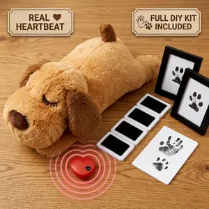 New Puppy Chewproof Plush Dog Toy Set - Calming Heartbeat Function for Anxiety Relief & Sleep, 4 Paw Print Pads, 2 Wooden Frames for First Memories, Chewproof Plush Toys