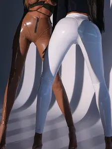 (RUN SMALL,PLEASE SIZING UP)ZASUWA Female Faux Leather Push Up Zipper Leggings