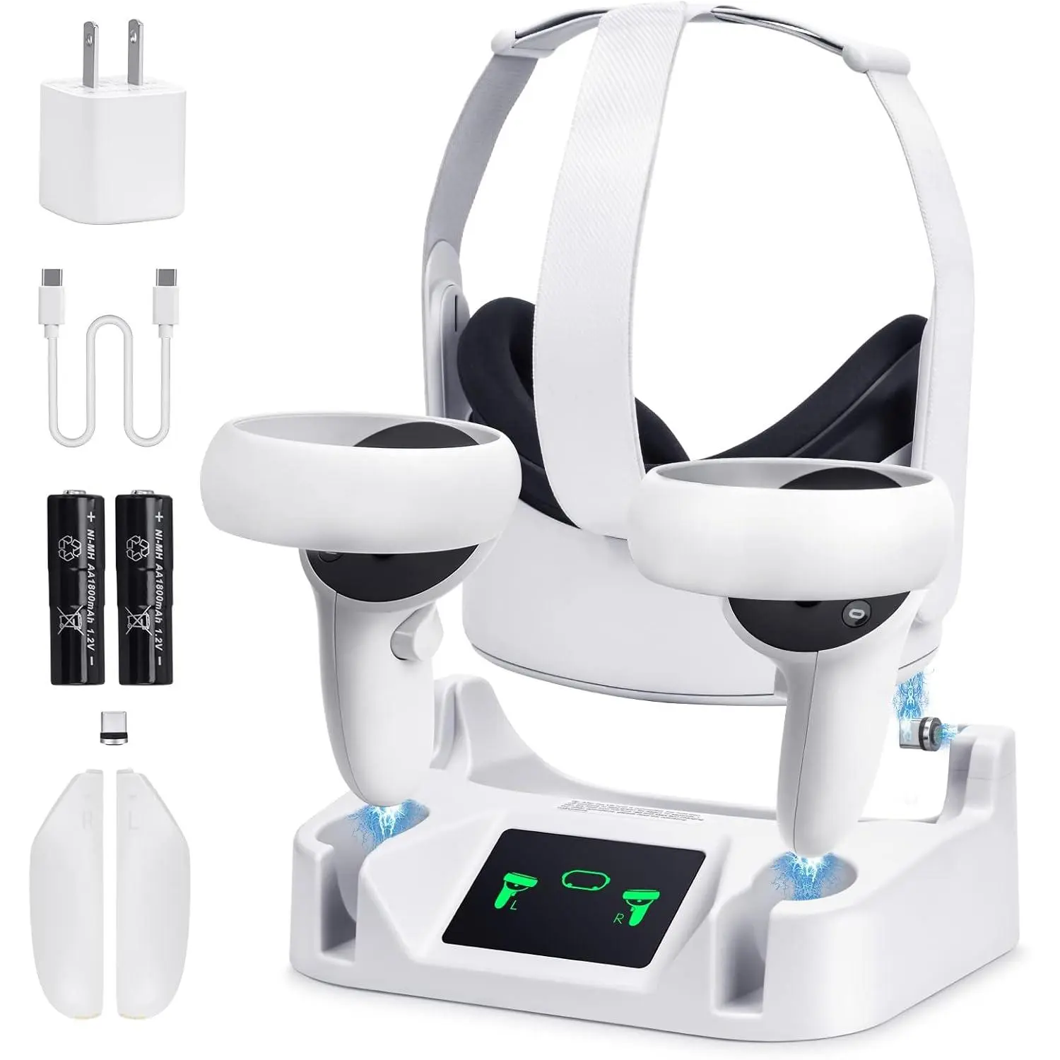 Charging Dock for Meta Quest 2,VR Charging Station for Oculus Quest 2 Touch Controller and VR Headset with 2 Rechargeable Batteries and USB-C Charger,Support Elite Strap (not for Quest 3)