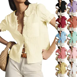 Lannew Womens Puff Sleeve Shirts Peter Pan Collar Button Down Cotton Blouse Casual Summer Textured Tops