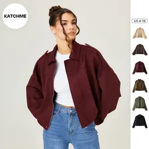 KatchMe Women's Vintage Solid Color Collared Zipper Long Sleeve Loose Jacket, Cozy Outerwear for Lady, Epaulets Plain Jacket, Fall & Winter Outfits