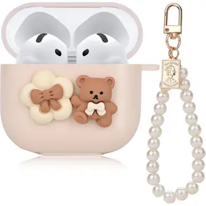 Cute Case for AirPod 4 Lovely Bow Flower Bear Design with Pearl Chain, Soft Protective Cover for AirPods 4th Generation  Released