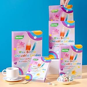 Halfoma Wax Bottle Chewable Candy, with Various Fruit-flavored Syrups in the Middle, Boxed, 58g, 32 Candies