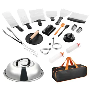 28PCS Heavy Duty Thick Stainless Steel Griddle Accessories Kit with Silicone Handles - Flat Top BBQ Grill Utensils Set Including Enlarged Spatula, Basting Cover, Tongs, Burger Press, Carry Bag for Outdoor BBQ, Teppanyaki Grilling
