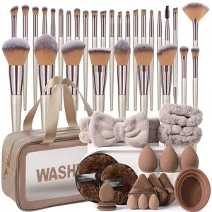 49PCS Compact Makeup Brush Kit - 30 Ultra-Soft Fiber Brushes, Waterproof Large-Capacity Makeup Storage Bag, 3-Piece Travel Organizer, Detachable Cleaning Bowl, 14PCS Triangular & Oval Velvet Powder Puffs - Ideal for Travel, Women's Gifts
