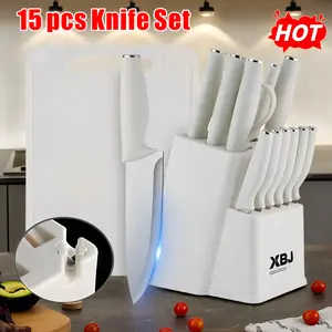 XBJ 15-Piece Stainless Steel Kitchen Cutlery Block Set with Built-In Sharpener, 6-Piece Utensils, Holder & Razor-Sharpened Pink Serrated Edge Knives