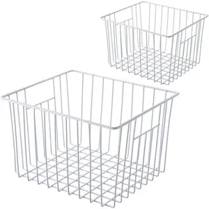 Freezer Baskests Organizer Bins, Freezer Wire Basket Refrigerator Baskets Bins Organizer with-in Handles for Cabinets, Pantry, Closets, Bedrooms - Set of 2 White