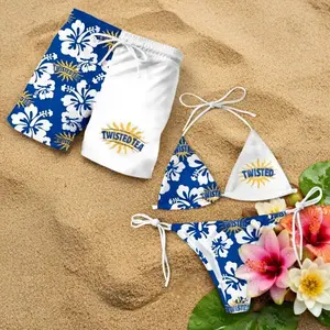 Matching TwistedTea Floral Swimsuits for Couples -Swim Bra & Tie Side String Bikini + Men's Beach Shorts, Summer Vacation Swimsuit, Hawaiian Shirt Style, Aloha Beach Outfit, Casual Holiday Bathing Suits, Menswear & Womenswea