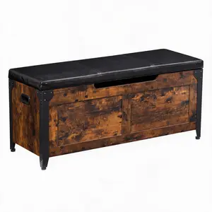 Rustic Storage Bench with Padded Seat, Industrial Style Wooden Storage Trunk with Metal Frame, Entryway Storage Ottoman Chest with Safety Hinge for Bedroom, Living Room, Hallway