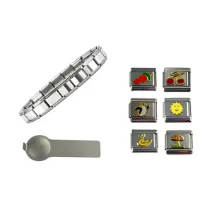 Italian Charm Bracelet Set comes with 18 link Shiny finish Starter Bracelet, Charm Tool (Tool Style Varies), and 6 charms Red Chili Pepper, Cherries, Penguin, Sun, Yellow Duck, and Mushroom.  9mm You Put Together