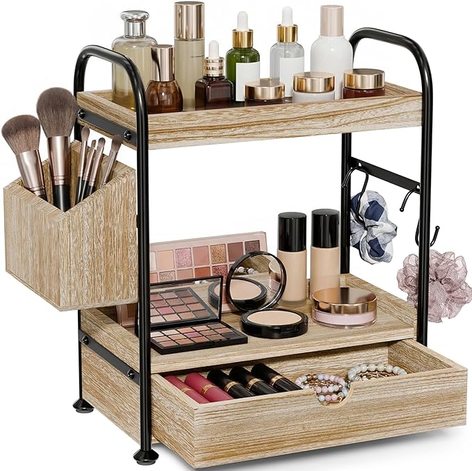 2-Tier Bathroom Counter Organizer with Drawer, Wooden Vanity Skincare Storage Shelf with Thickened Metal Frame, Countertop Shelf with Basket & Hooks for Makeup Organization (Dark Brown)