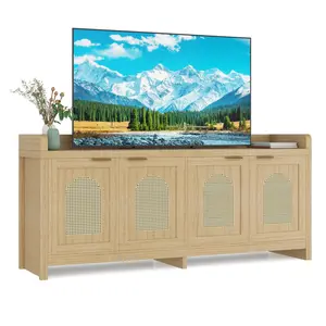 Modern Rattan TV Stand Entertainment Center with Glass Doors - for TVs Up to 65 Inch, 61.5" Storage Console Cabinet for Living Room