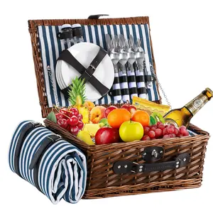 Wicker Picnic Basket Set for 4 with Waterproof Picnic Blanket and Insulated Cooler, Willow Hamper for Camping, Outdoors, Photoshoot, or a Birthday, Mother's Day, Wedding Gift, Blue