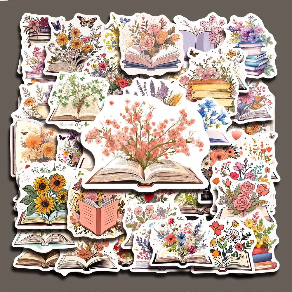 50PCS Books and Flowers Aesthetic Stickers Pack, Vintage Reading Floral Art Vinyl Stickers for Laptop Water Bottle Phone Case Skateboard Journal Scrapbook DIY Decoration
