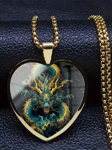 A transparent glass heart-shaped necklace adorned with a beautiful 2D vintage pattern.