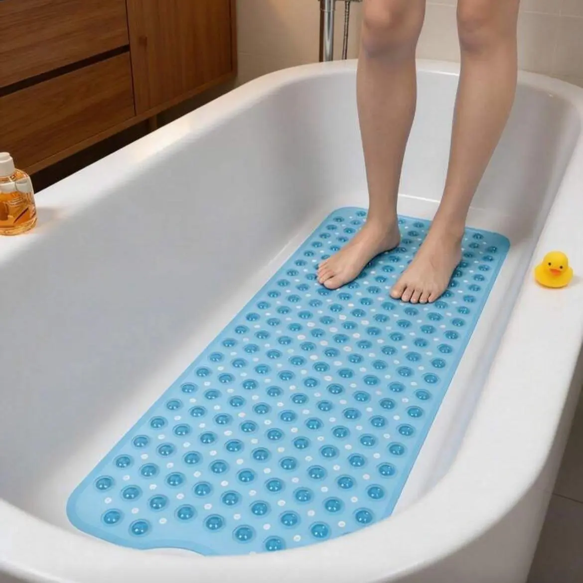 Shower Hack Bath Mat 40x16 Inch,Heavy Duty Suction Cups Non Slip Bath Mat,Extra Large Washable Bathtub Rug,Drain Holes Stop Dirty Water Build-Up,Waterproof Mold Resistant Rubber PVC Mat,Blue Black Transparent Light Gray,Thanksgiving Gift For Whole Family