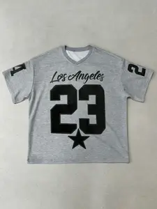 Los Angeles 23 V-Neck Jersey T-Shirt, Graphic - Oversized Vintage-Wash Fit, Featuring Cursive 'Los Angeles' Lettering, Bold '23' With Star Accent, Ideal For Daily Wear, Street Style Outings, Casual Hangouts, Streetwear