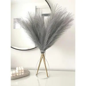 Faux Pampas Grass,7 PCS 24 inch Gray Pampas Grass Decor, 7 Branches |   Each Stem Fluffy Small Pompous Grass for Vase Filler in Table Vase Decor for House, Office, Boho Wedding Flower Cotton Decorative