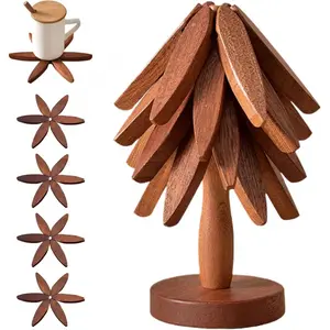 Tree Shape Foldable Wooden Trivet Set, 4 Pcs Wood Heat Resistant Pot Holder with Storage Stand, Christmas Tree Stylish Organizable Trivets, Multifunctional Kitchen Table Protector for Hot Dish Bowl Teapot Hot Pot Home Daily Dining Use