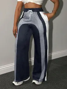 Plus Size Casual Color Block Loose-Fitting Long Pants, Womenswear High Waist Design for Spring & Fall, Perfect for Couple