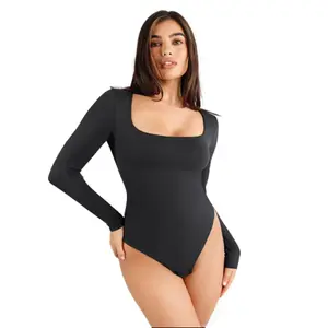 Popilush The Shapewear Bodysuit Seamless Square-Neck Long-Sleeve Bodysuits Comfortable Womenswear Outfit Fabric