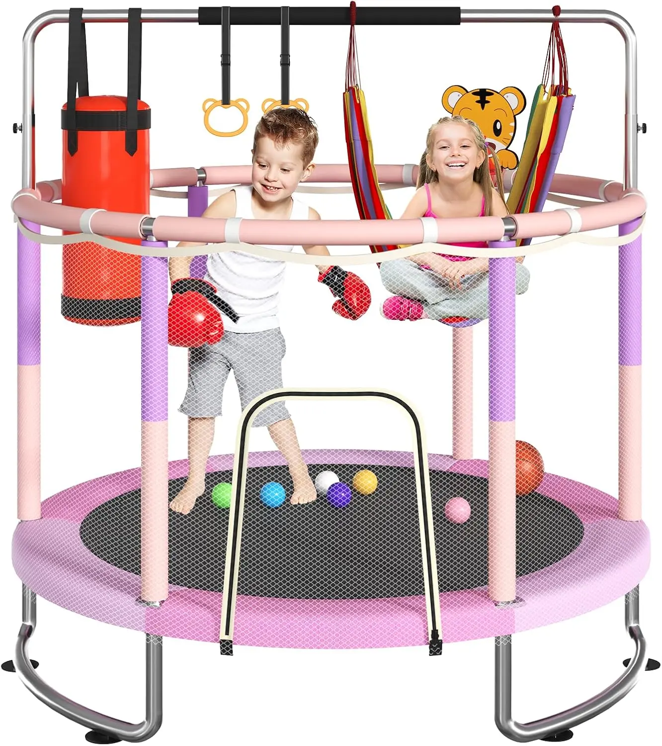 Kids Indoor Trampoline with Safety Net & Adjustable Gymnastics Bar, Anti-Rust Galvanized Steel Frame for Trampoline Workout, Stable Ring Legs, 440 lbs Capacity
