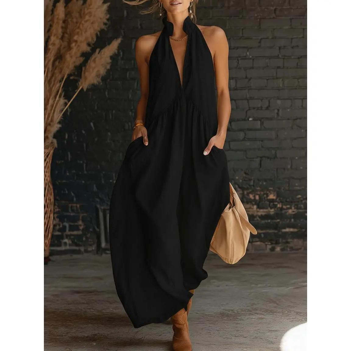 chinese dress ladies CUPSHE Women's Halter Neck Floral Maxi Dress Adjustable Cami Straps High  Slit Casual Summer Dresses, Navy Blue M at Amazon Women's Clothing store main image 1