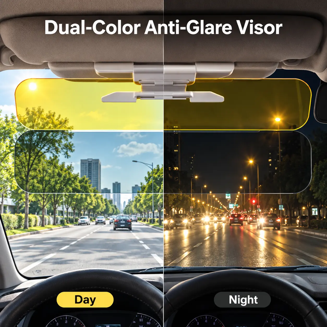 Adjustable Dual-Panel Car Sun Visor for Day and Night, Clip-On Driving Shade with 13-18.5 cm Extension Bracket