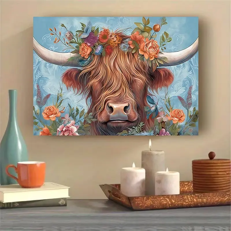 1pc Framed Painting Highland Cow Canvas Poster and Print Wall Art Picture with Frame for Living Room and Bedroom, Home Decoration, Decoration Items, Holiday Gift for Her/Him, Ready to Hang, Boho Floral Print, Artwork